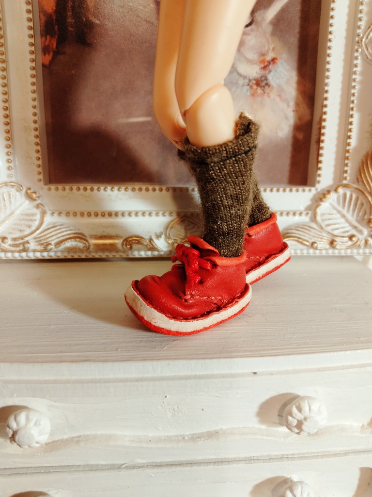 ミディブライス/オビツ11サイズ 本革編み上げショートブーツ/レッド 靴ひも赤