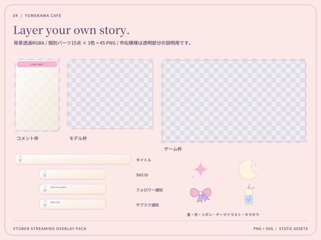 【3色・6画面】ゆめかわ喫茶|VTuber配信画面セット・OBSオーバーレイ|Yumekawa Cafe
