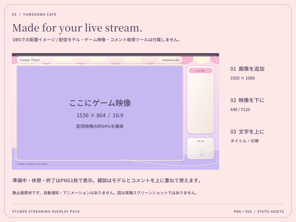 【3色・6画面】ゆめかわ喫茶|VTuber配信画面セット・OBSオーバーレイ|Yumekawa Cafe