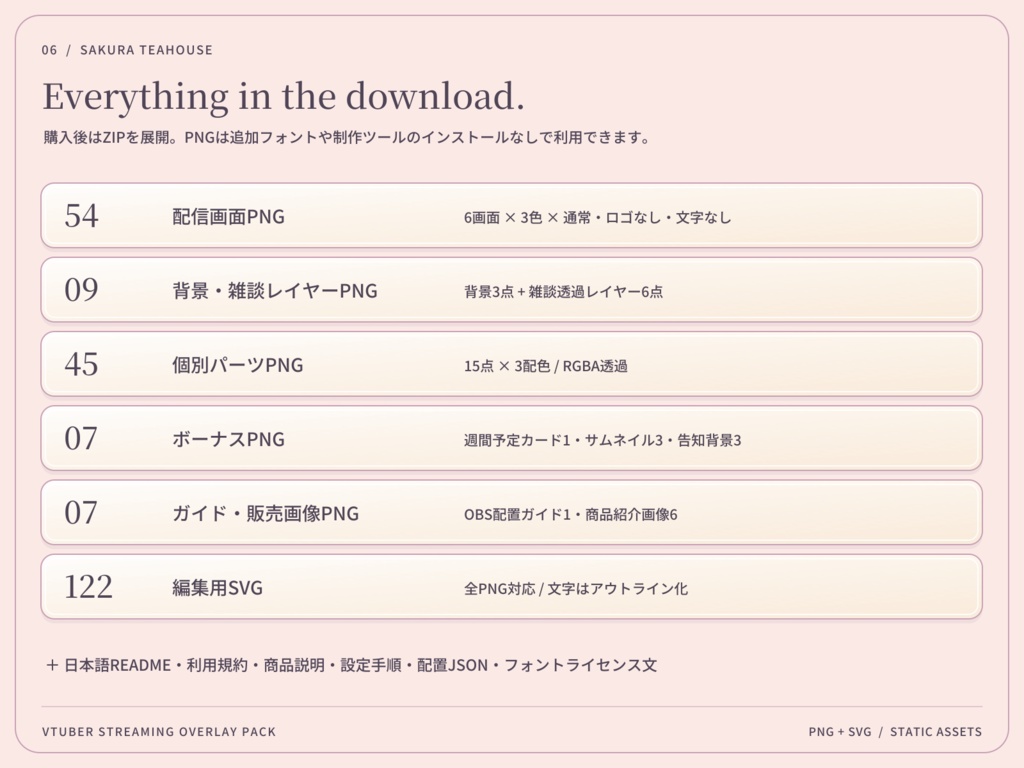 【3色・6画面】桜色の茶房|VTuber配信画面セット・OBSオーバーレイ|Sakura Teahouse