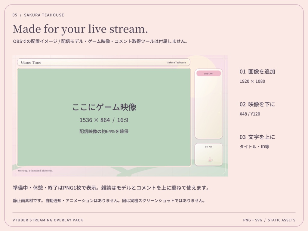 【3色・6画面】桜色の茶房|VTuber配信画面セット・OBSオーバーレイ|Sakura Teahouse