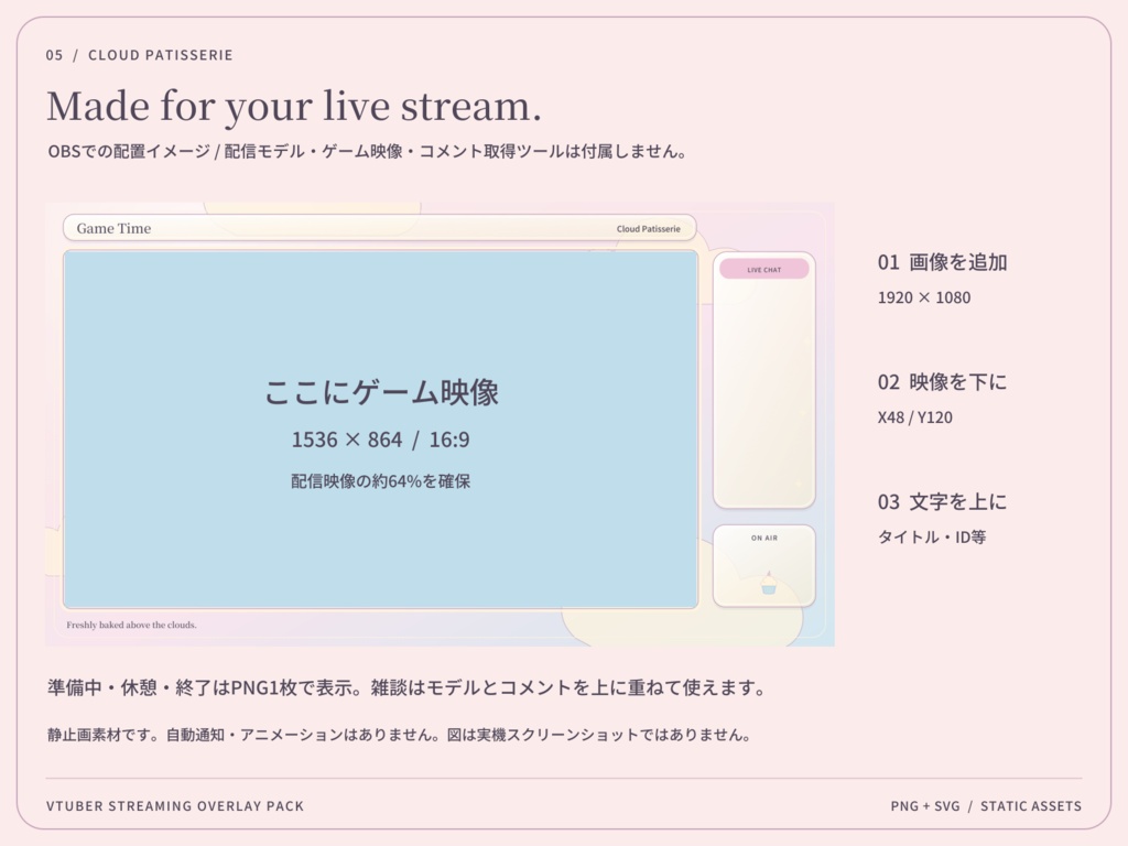 【3色・6画面】雲のパティスリー|VTuber配信画面セット・OBSオーバーレイ|Cloud Patisserie