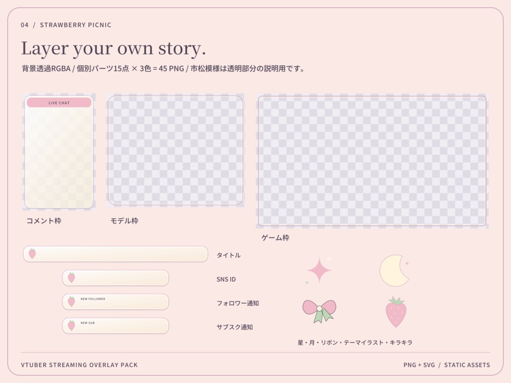 【3色・6画面】いちごのピクニック|VTuber配信画面セット・OBSオーバーレイ|Strawberry Picnic