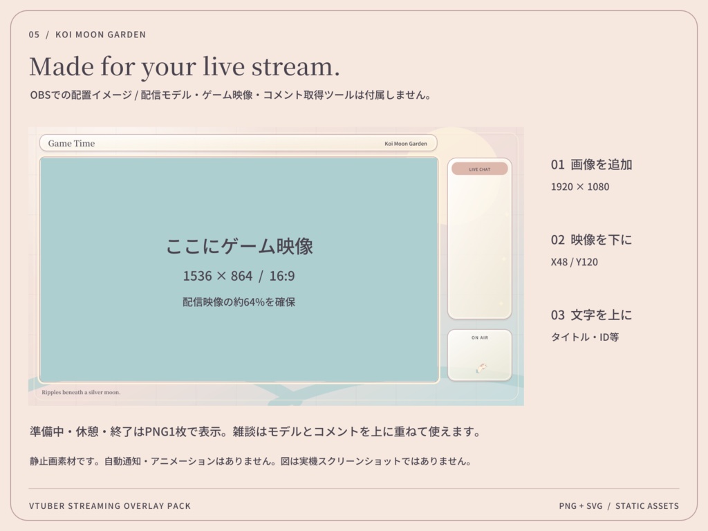 【3色・6画面】錦鯉の月庭|VTuber配信画面セット・OBSオーバーレイ|Koi Moon Garden