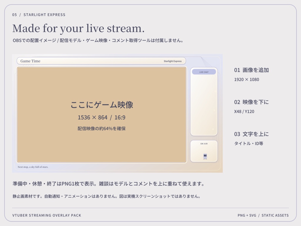 【3色・6画面】星めぐり急行|VTuber配信画面セット・OBSオーバーレイ|Starlight Express