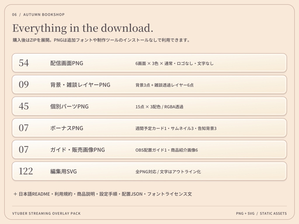 【3色・6画面】秋色の古書店|VTuber配信画面セット・OBSオーバーレイ|Autumn Bookshop