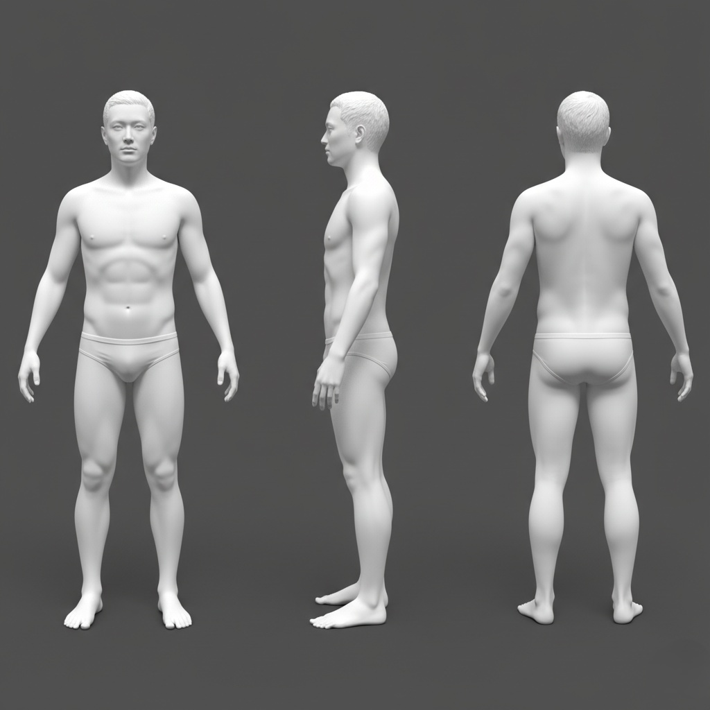 【AI生成】3Dスキャン風の男女のリファレンス三面図【無料】