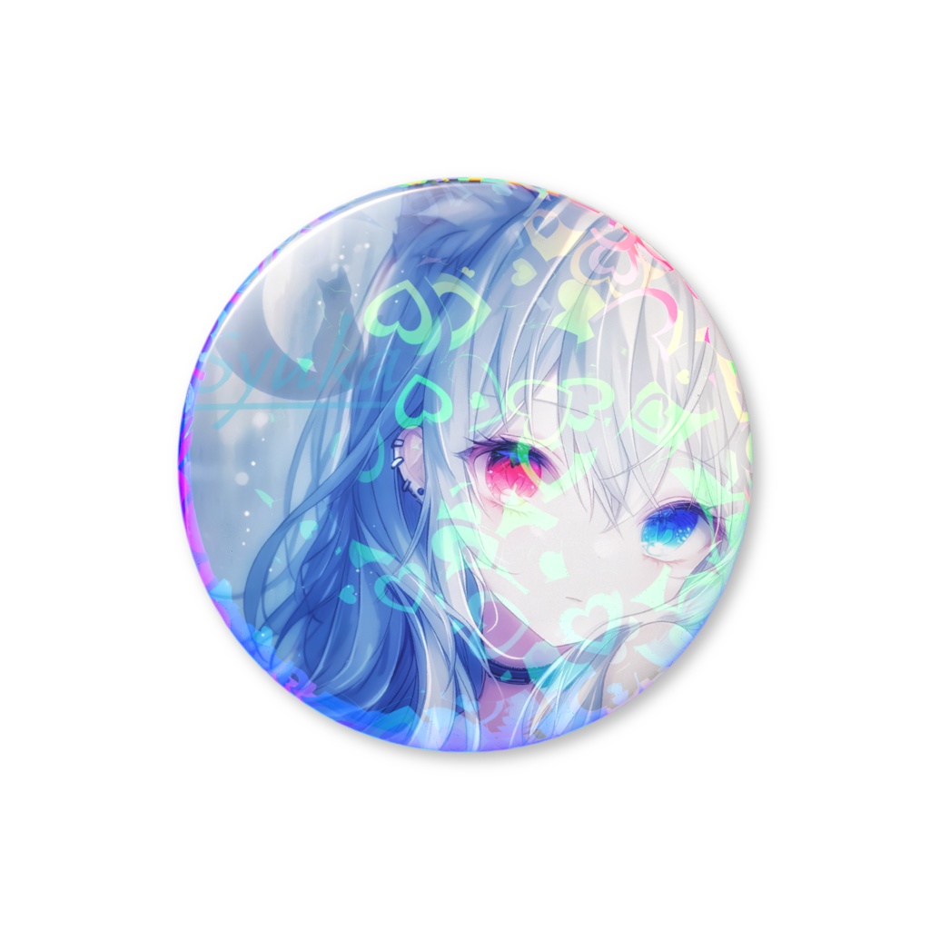 水瀬しゅか　ハート型ホログラムの丸い缶バッチ