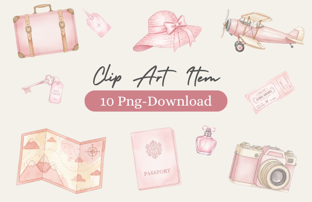 水彩ピンクのアンティークで可愛い旅行クリップアート10セット（PNG透過）
