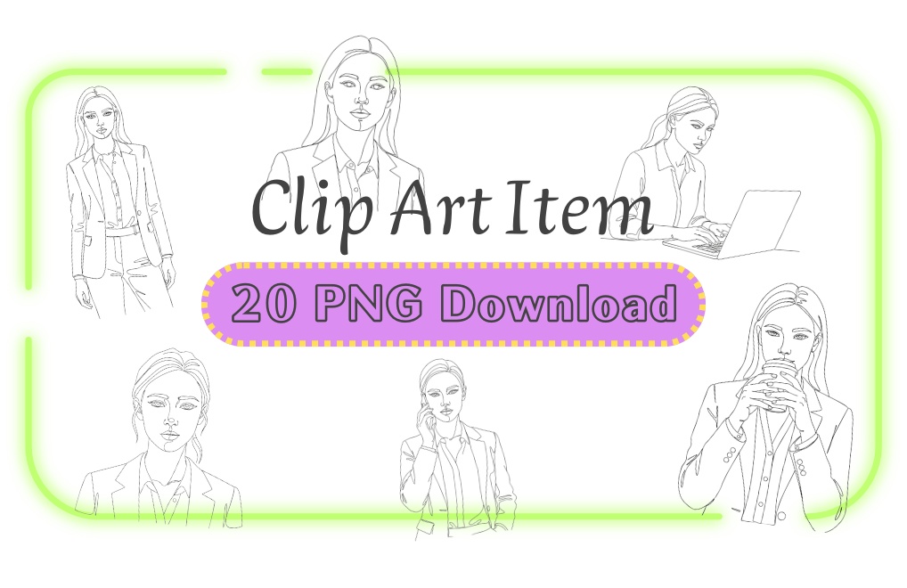 一筆書き風「working woman」クリップアート20点セット