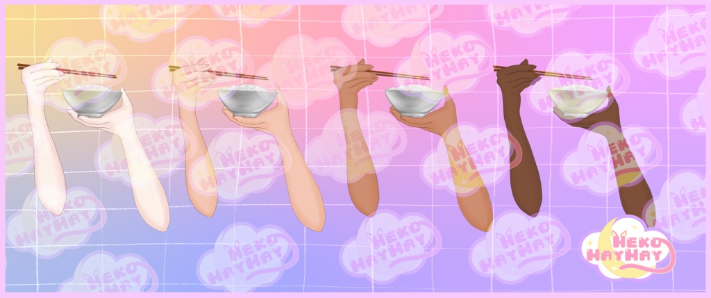 Vtuber 2D PNGアセット - 箸とご飯の入ったお椀を持つ手、焼肉ゲーム用ストリーム、お食事シーン、居心地の良い配信、4つの肌色、透明背景