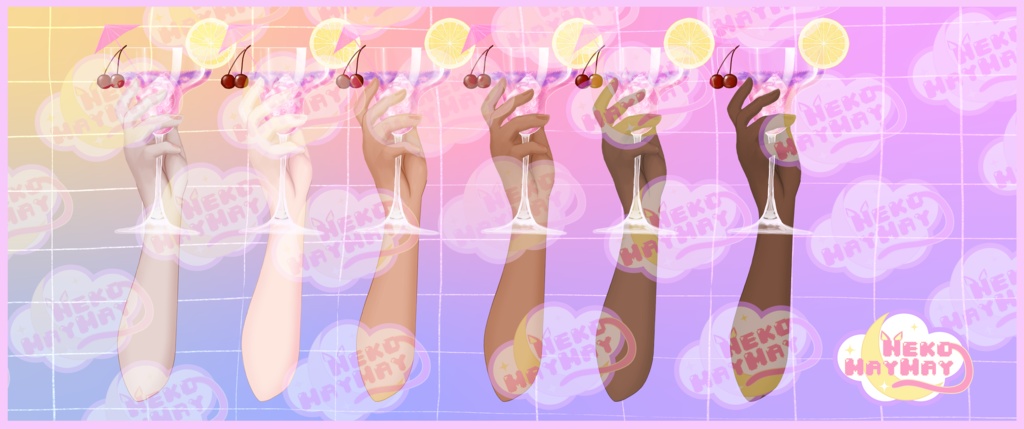 Vtuber 2D PNGアセット - かわいいピンク&パープルカクテル、ペルソナ5クロスロードバー風、新宿の夜のバーシーン、6つの肌色、透明背景