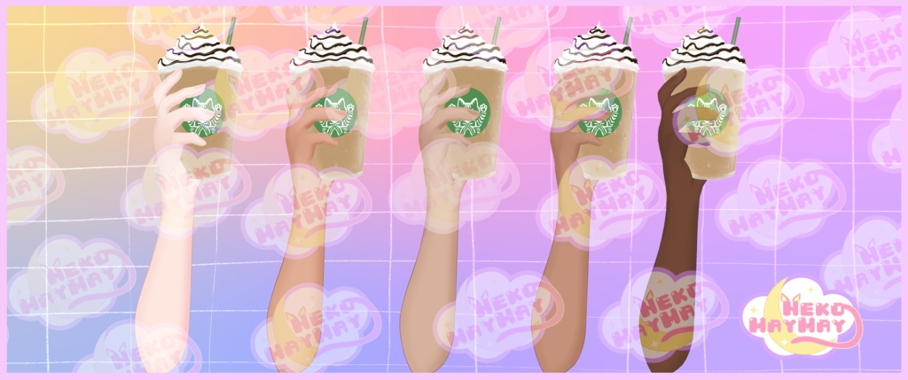 VTuber 2D PNGアセット - 手で握るコージーカフェフラペチーノ、リラックスした夏のストリームのためのカワイイ日本のキティーカフェに触発されました。