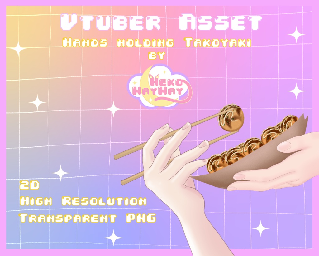 VTuber 2D PNGアセット - たこ焼きを箸とトレイで持つ手、日本の夏祭りの精神を捉えた、4色のバリエーションで利用可能