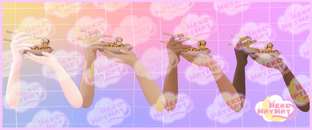 VTuber 2D PNGアセット - たこ焼きを箸とトレイで持つ手、日本の夏祭りの精神を捉えた、4色のバリエーションで利用可能