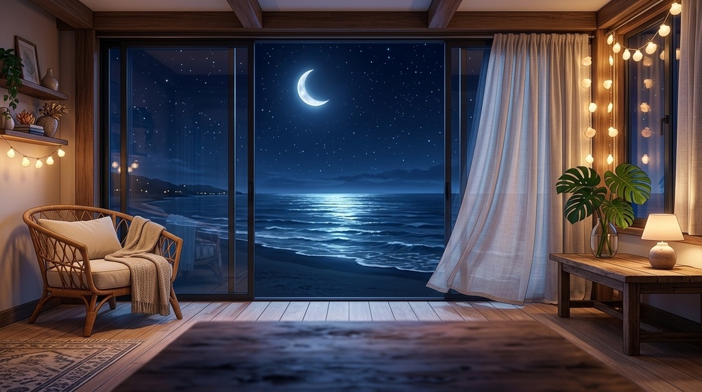 ​【無料配布】夏の夜の海が見えるコテージ背景＆ベージュテーブル2種セット【静止画/雑談・おやすみ配信用】