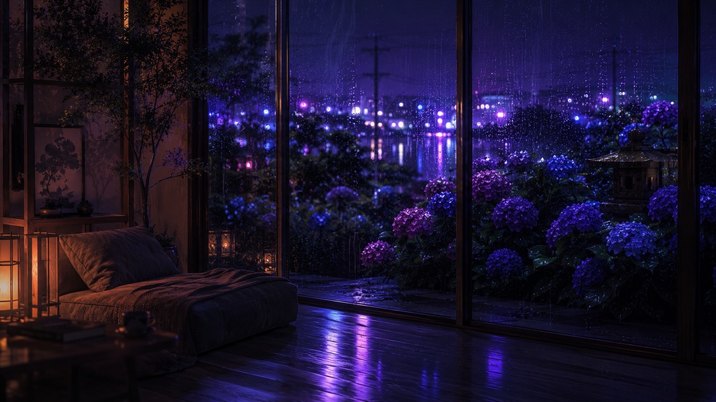​【無料配布】雨の紫陽花と黒デスク - 夜ふかし配信背景2種セット【静止画/雑談・ASMR用】