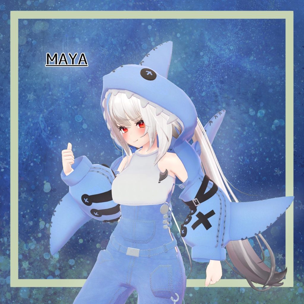 シャークフード_オーバーオールコーデ(SHARK_Hoodie_OverAlls)