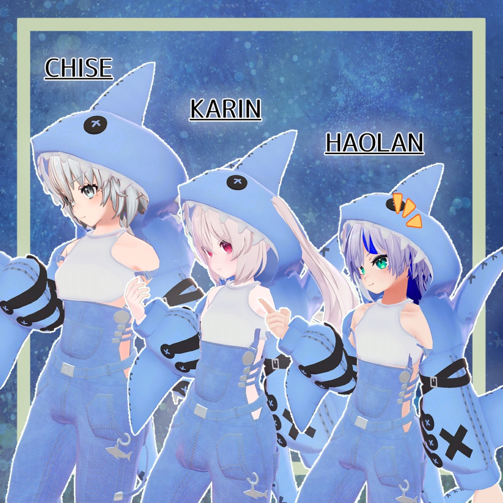 シャークフード_オーバーオールコーデ(SHARK_Hoodie_OverAlls)