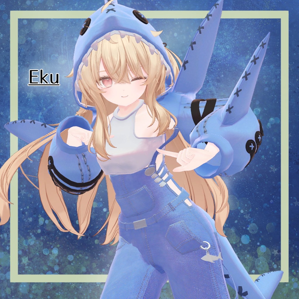 シャークフード_オーバーオールコーデ(SHARK_Hoodie_OverAlls)