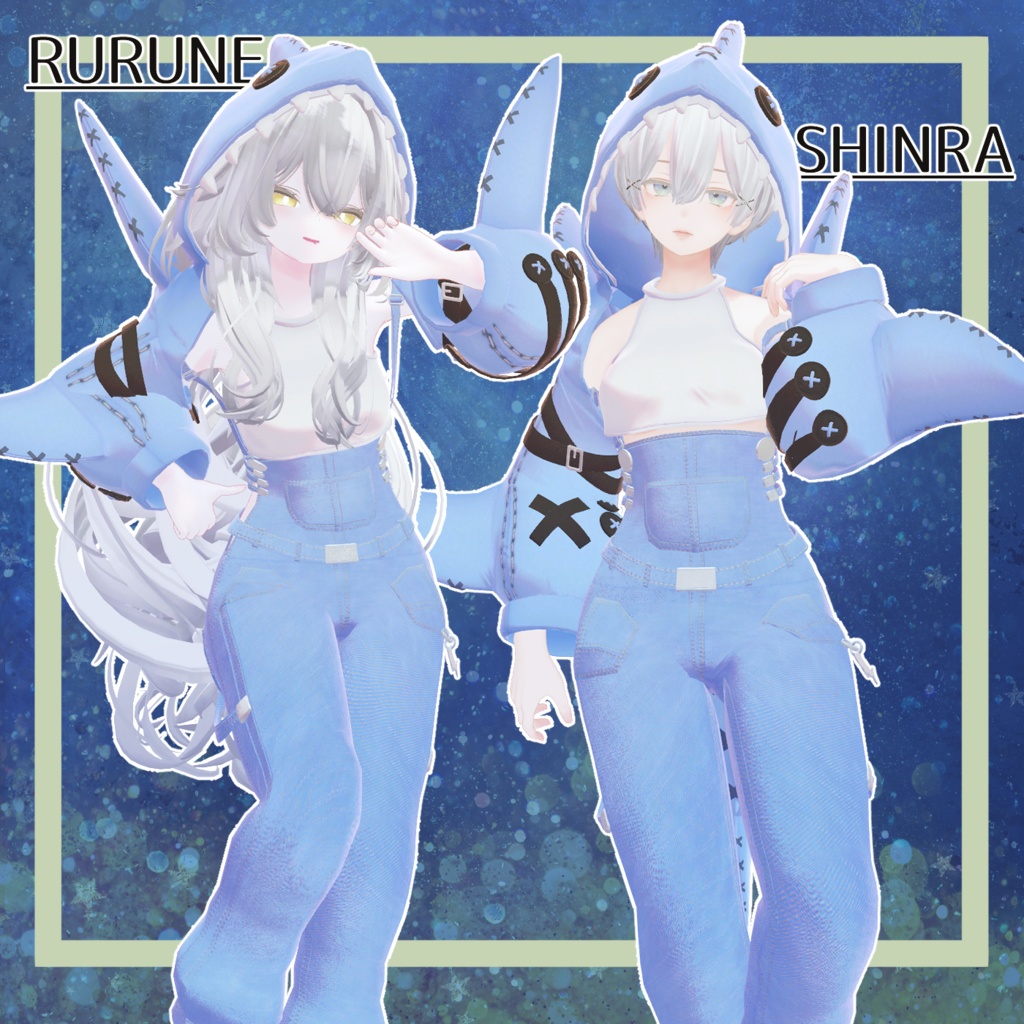 シャークフード_オーバーオールコーデ(SHARK_Hoodie_OverAlls)