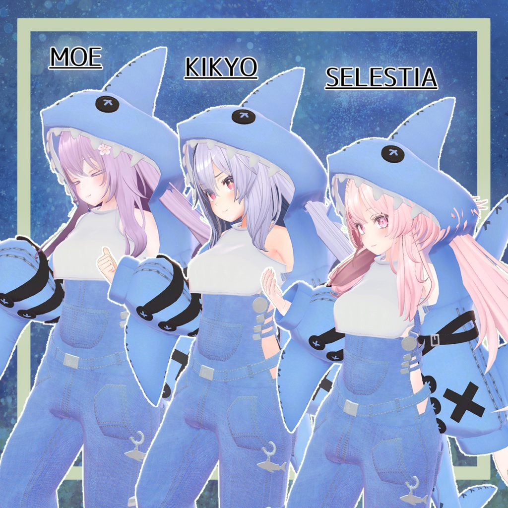 シャークフード_オーバーオールコーデ(SHARK_Hoodie_OverAlls)