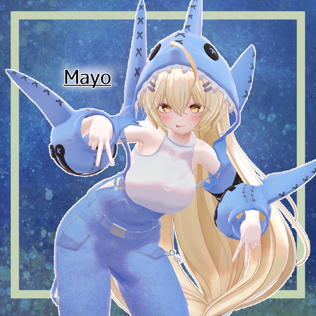 シャークフード_オーバーオールコーデ(SHARK_Hoodie_OverAlls)
