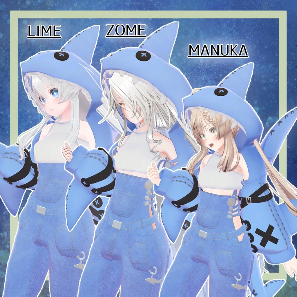 シャークフード_オーバーオールコーデ(SHARK_Hoodie_OverAlls)