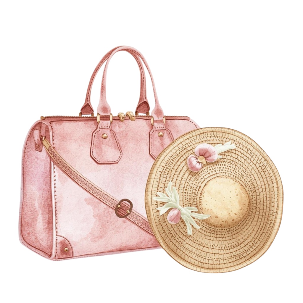 水彩 ピンクアンティーク 旅行クリップアートセット – 10点 PNG 背景透過