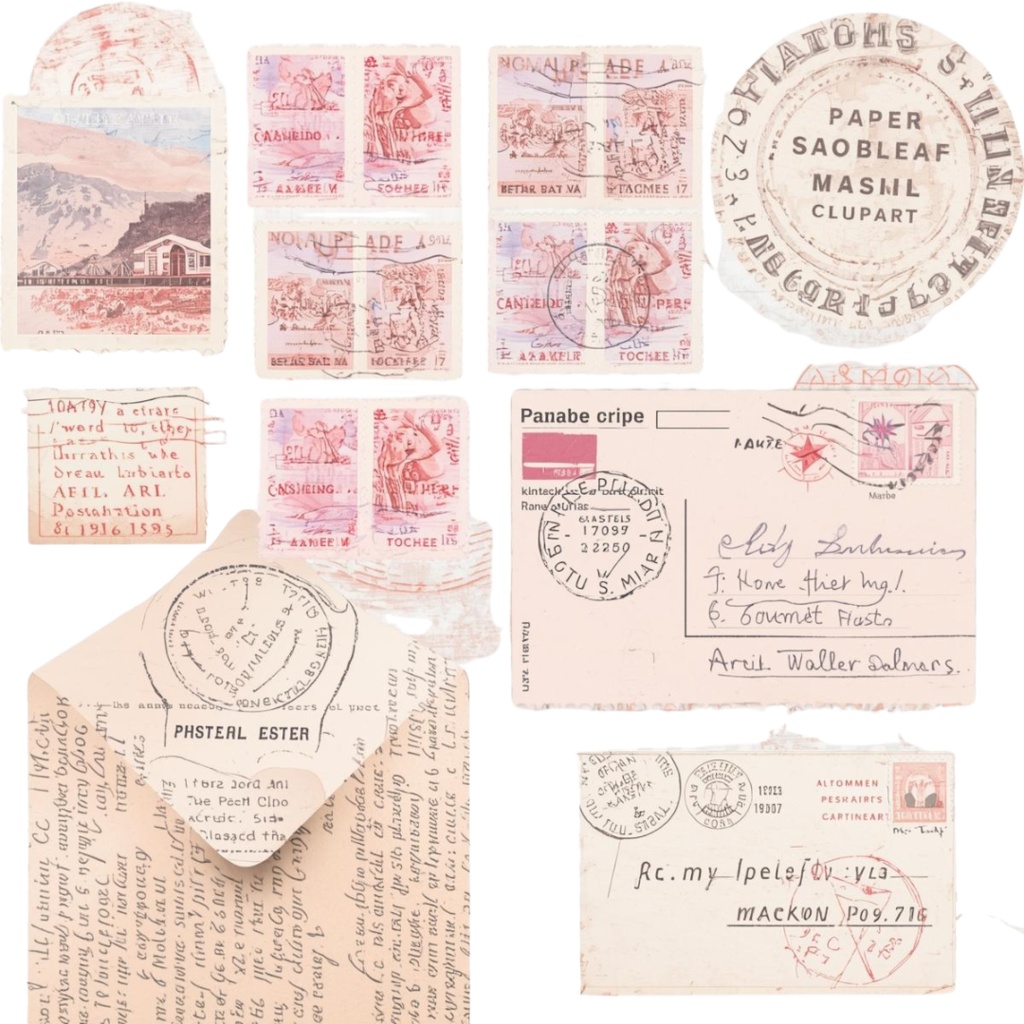 水彩 ピンクアンティーク 旅行クリップアートセット – 10点 PNG 背景透過