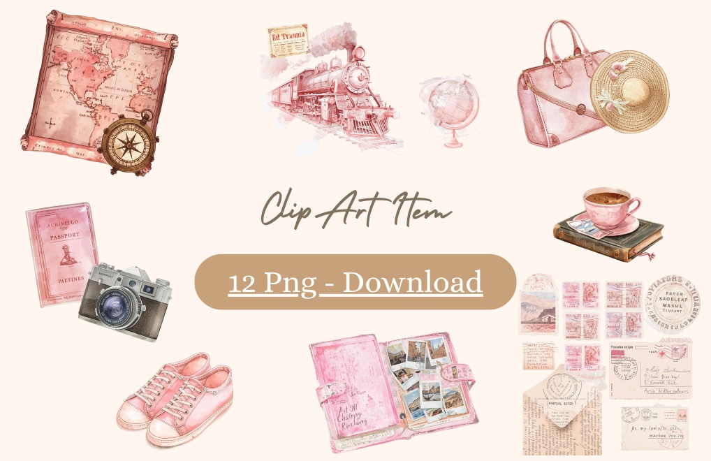 水彩 ピンクアンティーク 旅行クリップアートセット – 10点 PNG 背景透過