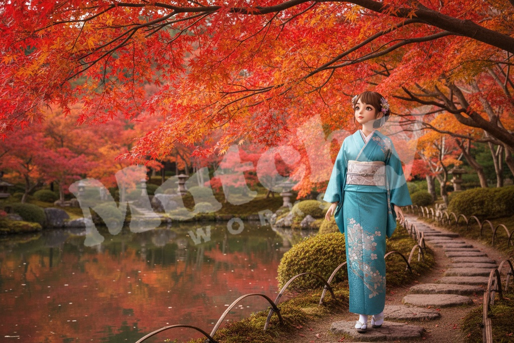 【AIイラスト】 Lily Doll  : 着物/紅葉の日本庭園