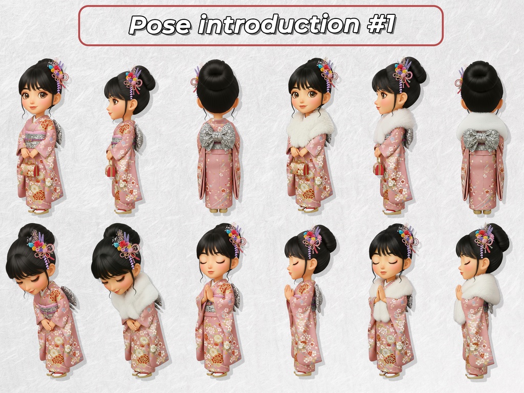 振袖姿のちびキャラ女性 クリップアート 27ポーズセット|6KサイズPNG,透過背景,日本の礼儀作法に則った素材
