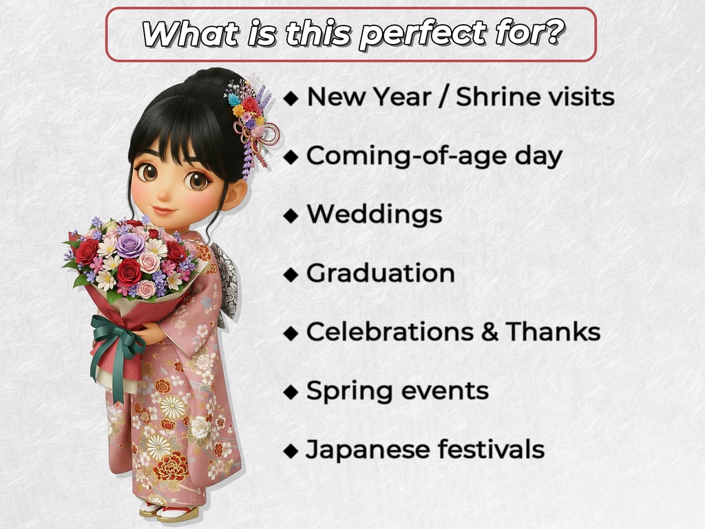 振袖姿のちびキャラ女性 クリップアート 27ポーズセット|6KサイズPNG,透過背景,日本の礼儀作法に則った素材