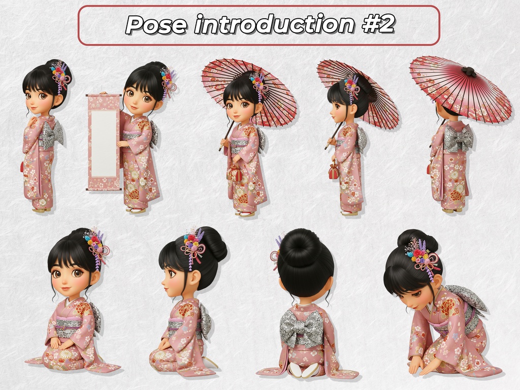 振袖姿のちびキャラ女性 クリップアート 27ポーズセット|6KサイズPNG,透過背景,日本の礼儀作法に則った素材