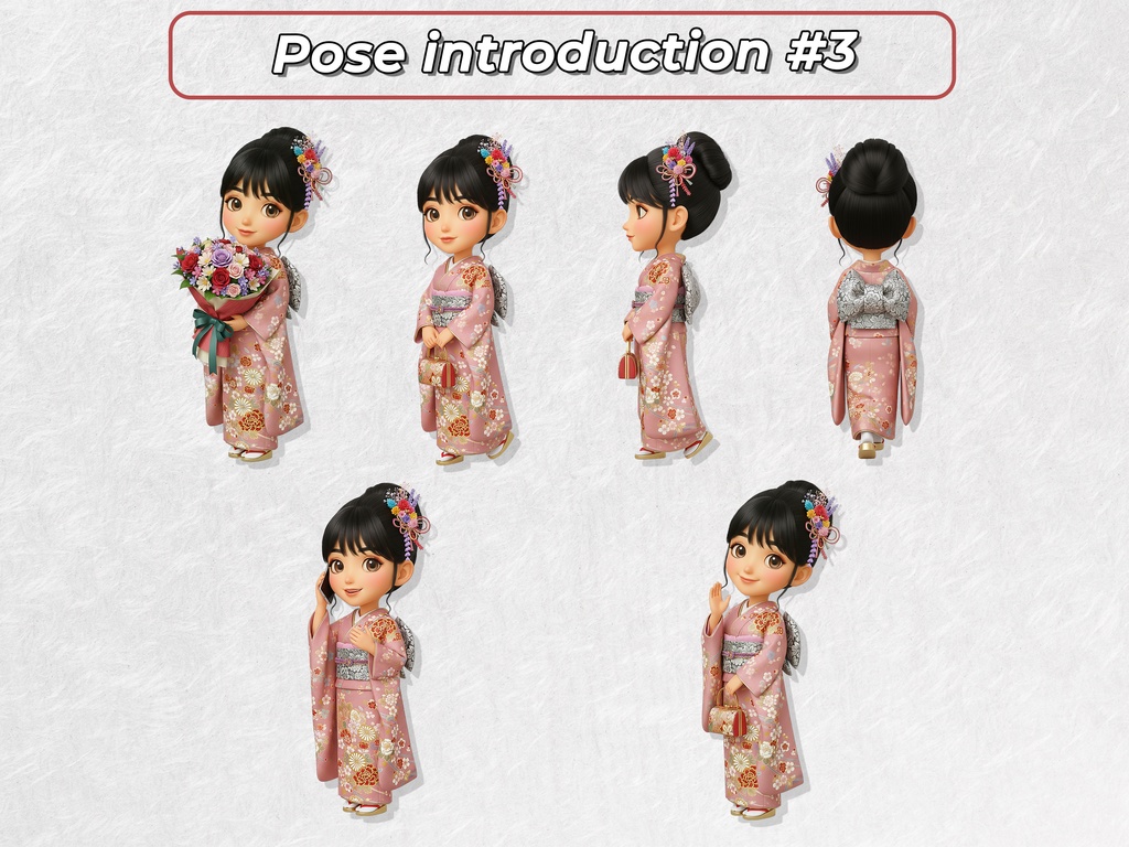 振袖姿のちびキャラ女性 クリップアート 27ポーズセット|6KサイズPNG,透過背景,日本の礼儀作法に則った素材