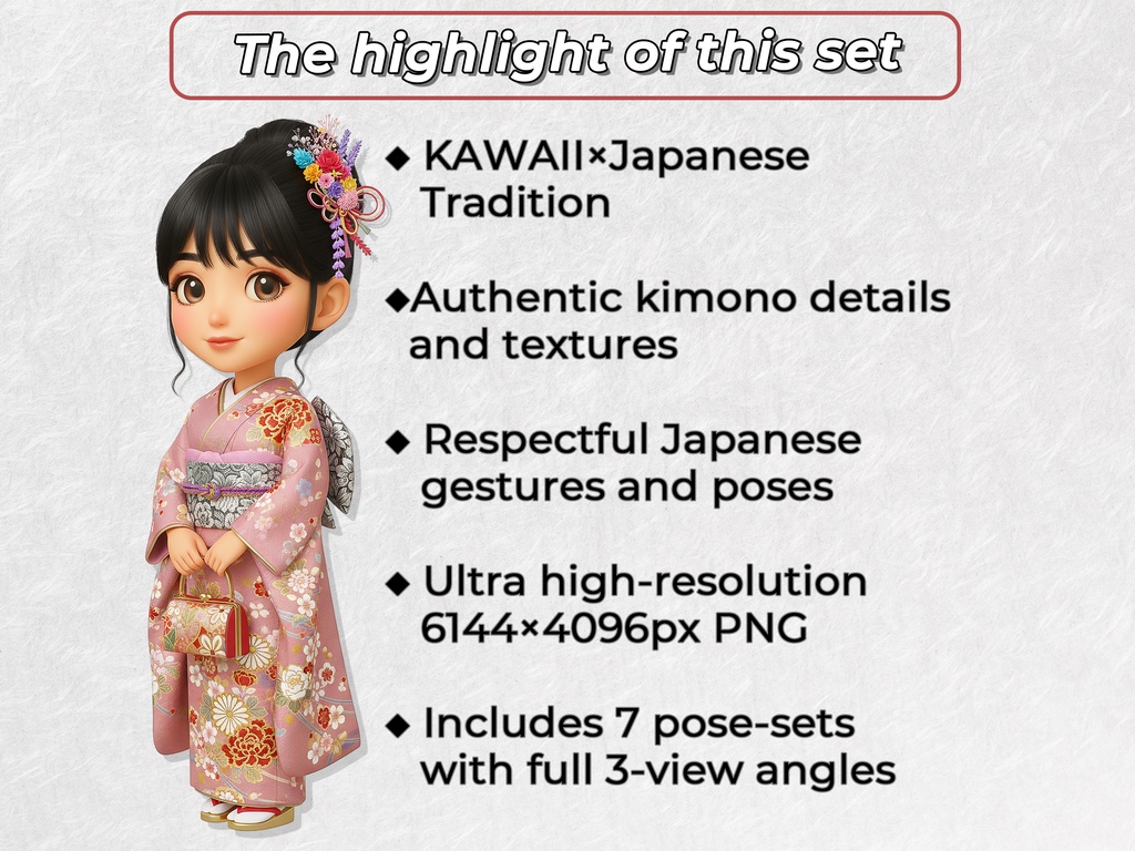 振袖姿のちびキャラ女性 クリップアート 27ポーズセット|6KサイズPNG,透過背景,日本の礼儀作法に則った素材