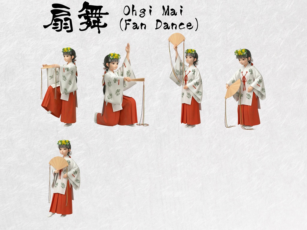 巫女姿のフィギュア風女性 クリップアート 34ポーズセット|6KサイズPNG,透過背景,神楽舞を含む素材