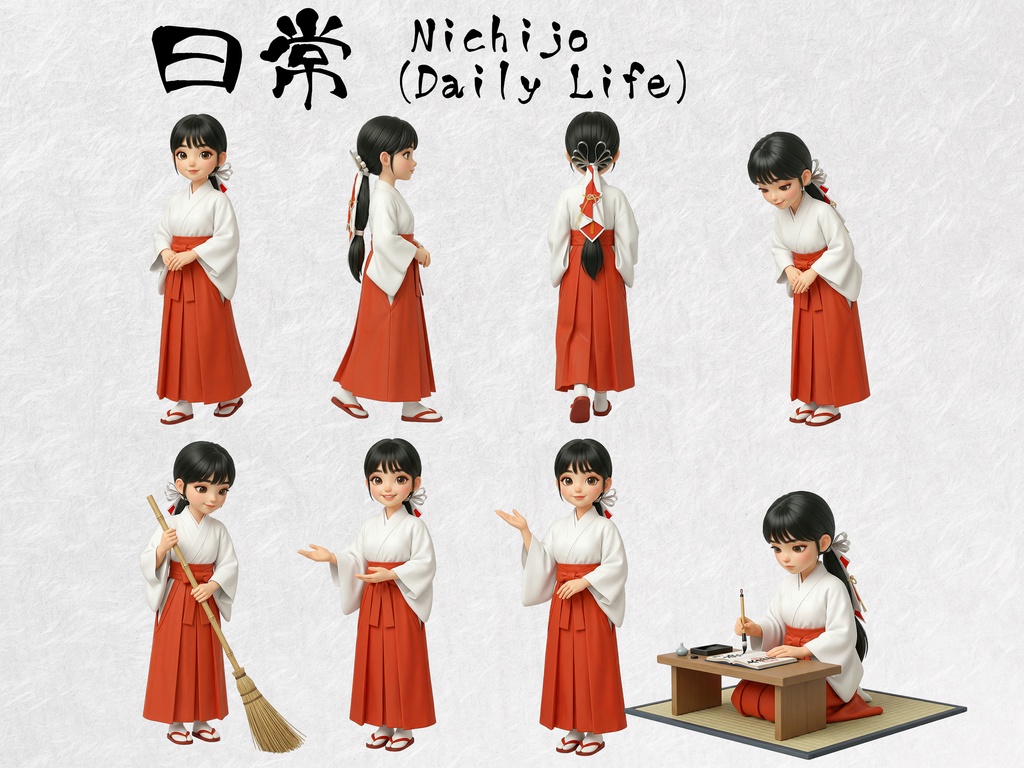 巫女姿のフィギュア風女性 クリップアート 34ポーズセット|6KサイズPNG,透過背景,神楽舞を含む素材