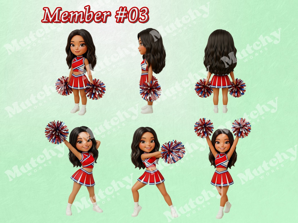 スクール チアリーダーズ ダイバーシティ クリップアート 48ポーズセット|6KサイズPNG,透過背景,8キャラクター