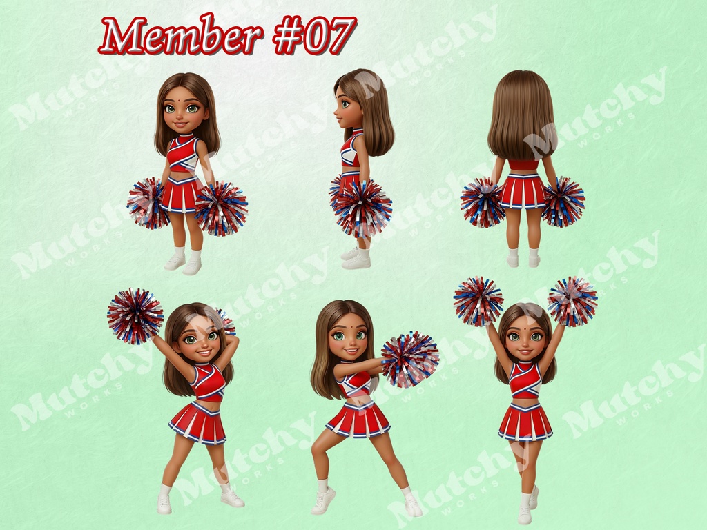 スクール チアリーダーズ ダイバーシティ クリップアート 48ポーズセット|6KサイズPNG,透過背景,8キャラクター