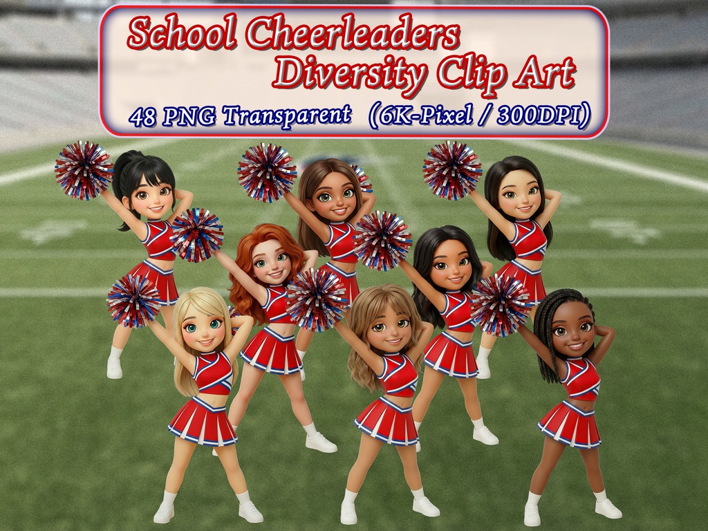 スクール チアリーダーズ ダイバーシティ クリップアート 48ポーズセット|6KサイズPNG,透過背景,8キャラクター