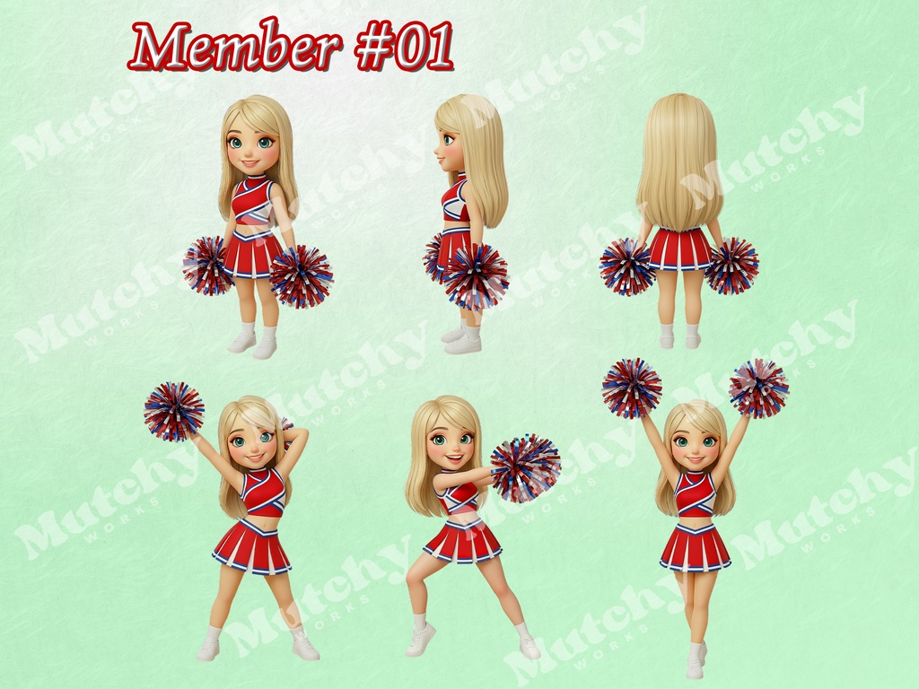 スクール チアリーダーズ ダイバーシティ クリップアート 48ポーズセット|6KサイズPNG,透過背景,8キャラクター