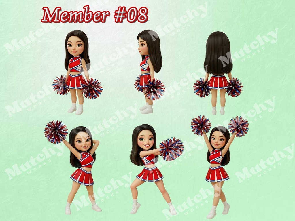 スクール チアリーダーズ ダイバーシティ クリップアート 48ポーズセット|6KサイズPNG,透過背景,8キャラクター