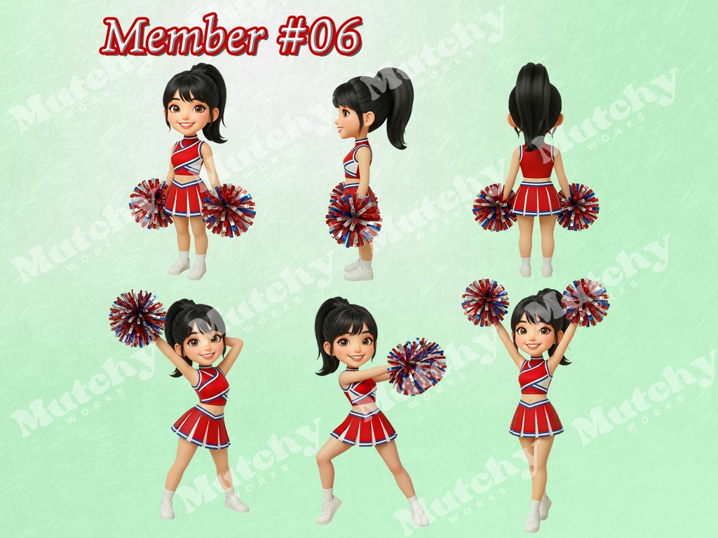 スクール チアリーダーズ ダイバーシティ クリップアート 48ポーズセット|6KサイズPNG,透過背景,8キャラクター