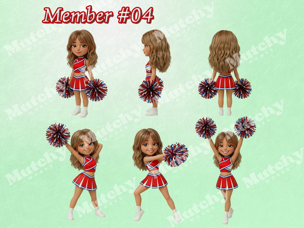 スクール チアリーダーズ ダイバーシティ クリップアート 48ポーズセット|6KサイズPNG,透過背景,8キャラクター