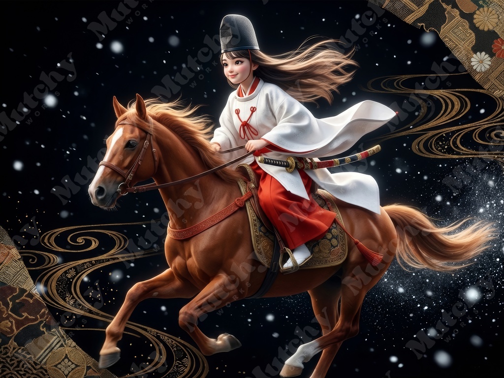 白拍子の乗馬姿イラスト 5ファイル|6KサイズPNG フィギュア調