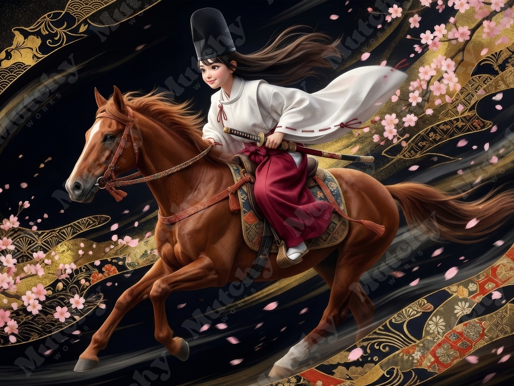 白拍子の乗馬姿イラスト 5ファイル|6KサイズPNG フィギュア調