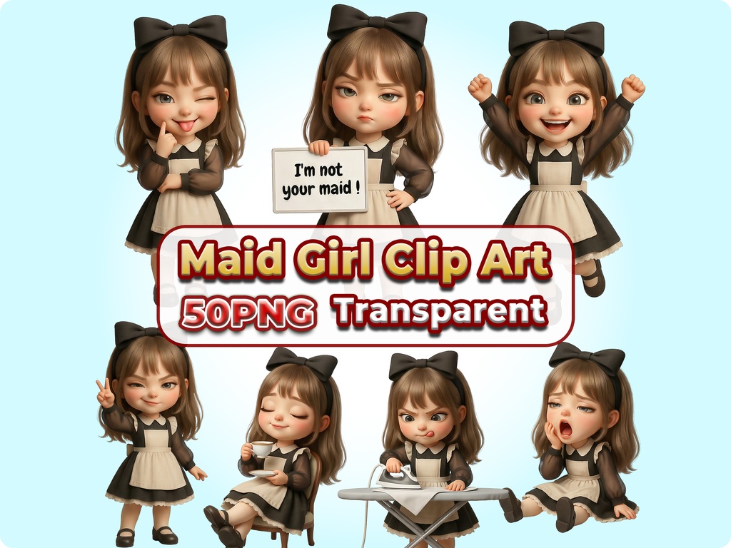 メイド少女クリップアート 50ポーズセット【4K PNG・透過背景】