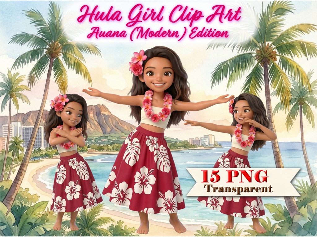 フラガール クリップアート アウアナエディション | 15枚PNG 透過背景 3Dフィギュアスタイル ハワイアンダンス